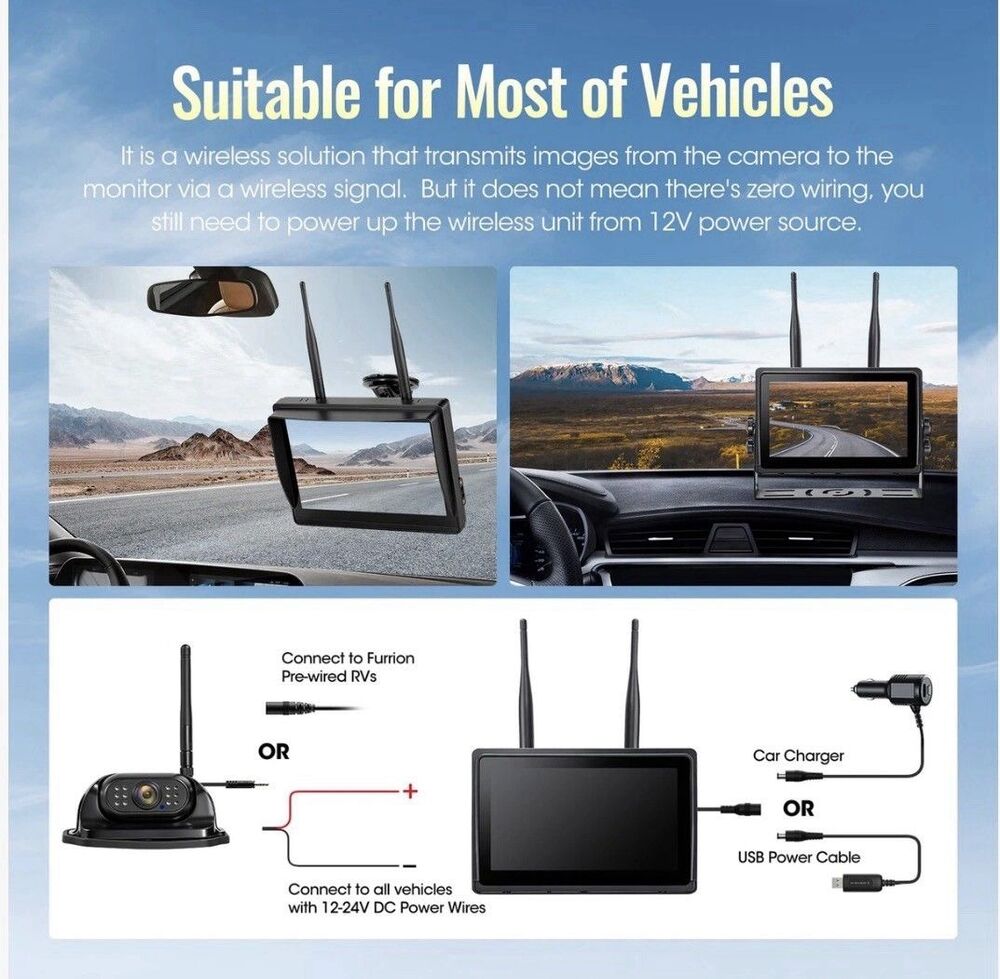RV Backup Camera System Wireless 7" 1080P Touch Screen DVR Rear View Camera-NEW - Picture 5 of 14